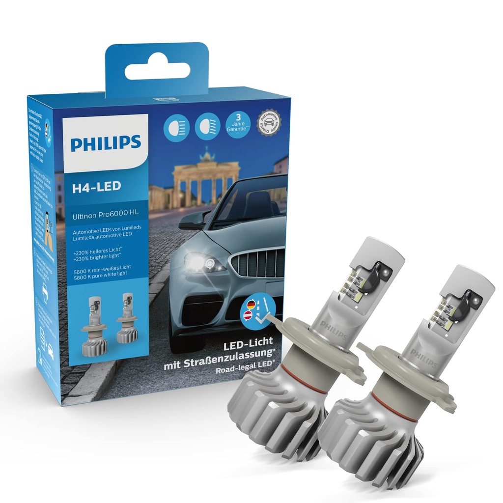 Philips Ultinon Pro6000 H4-LED bec legal pentru faruri stradale, lumina cu 230% mai stralucitoare, 5.800K