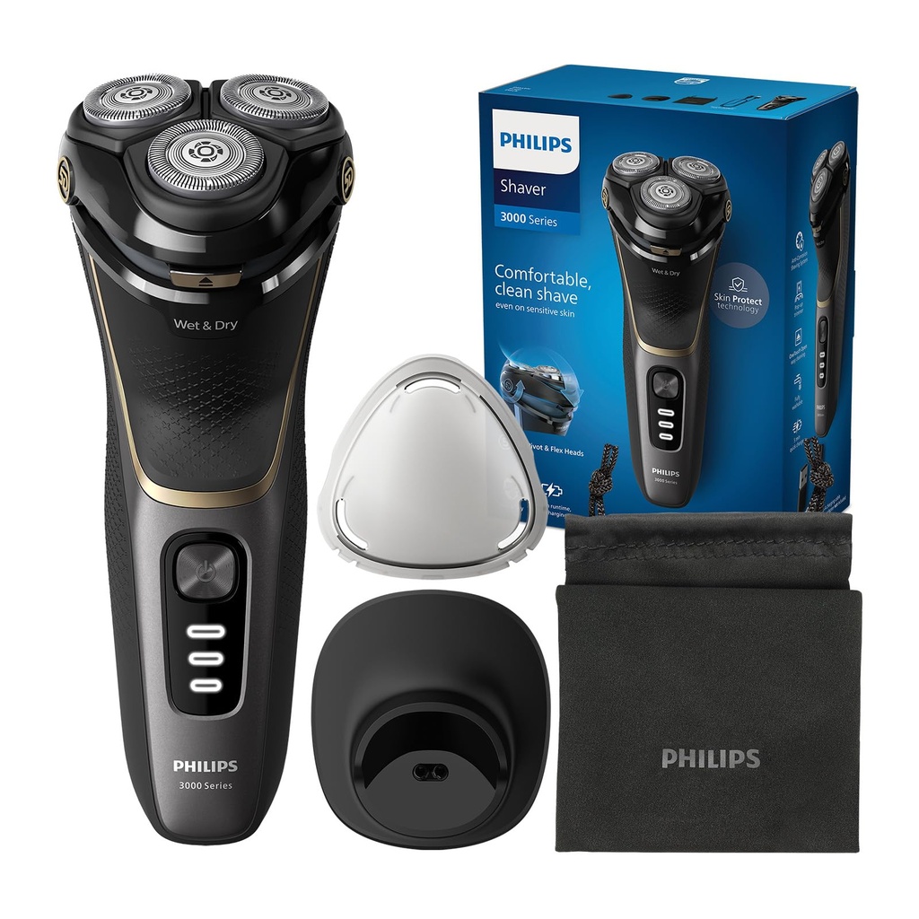 Philips Shaver Series 3000 - Aparat de ras electric umed si uscat pentru barbati in negru, cu tehnologie SkinProtect, aparat de tuns barba pliabil, statie de incarcare si geanta de voiaj (model S3342/13)
