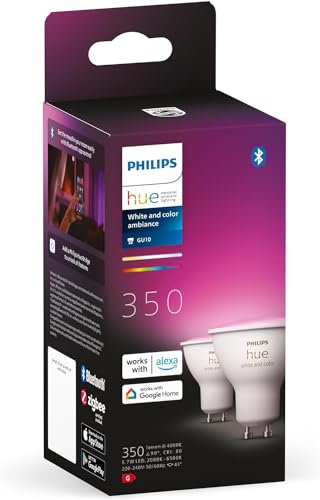 Spoturi LED Philips Hue White &amp; Colour Ambiance GU10 pachet de 2 (350 lm), lampi LED reglabile pentru sistemul de iluminat Hue cu 16 milioane de culori, control inteligent al luminii prin voce si aplicatie