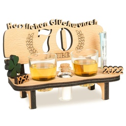 Banca de bauturi Brynnberg cu numar de an - coroana de laur din lemn cu gravura numar - cadou pentru 70 de ani de nunta aniversare de cuplu - idee de cadouri de ziua de nastere si cuplu - cu 2 pahare si anii 1953-2023