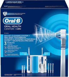 Kit periuta de dinti electrica reincarcabila Oral-B Pro 2000+ cu jet dentar 1 ata dentara Oxyjet, 1 periuta de dinti, 4 canule Oxyjet, 3 capete de periuta, alb albastru, cadou de Ziua Tatalui