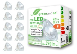 greedco 10x spot LED CRI 90+ MR16 GU5.3, 3W 270 lm 38deg 2700K LED COB alb cald 12V AC/DC, neregulabil, 2 ani garantie
