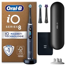 Oral-B iO Series 8 Plus Edition Periuta de dinti electrica/Periuta de dinti electrica, PLUS 3 capete de periaj, 6 moduri de periaj pentru ingrijirea dentara, husa de calatorie, Design Braun, onix negru